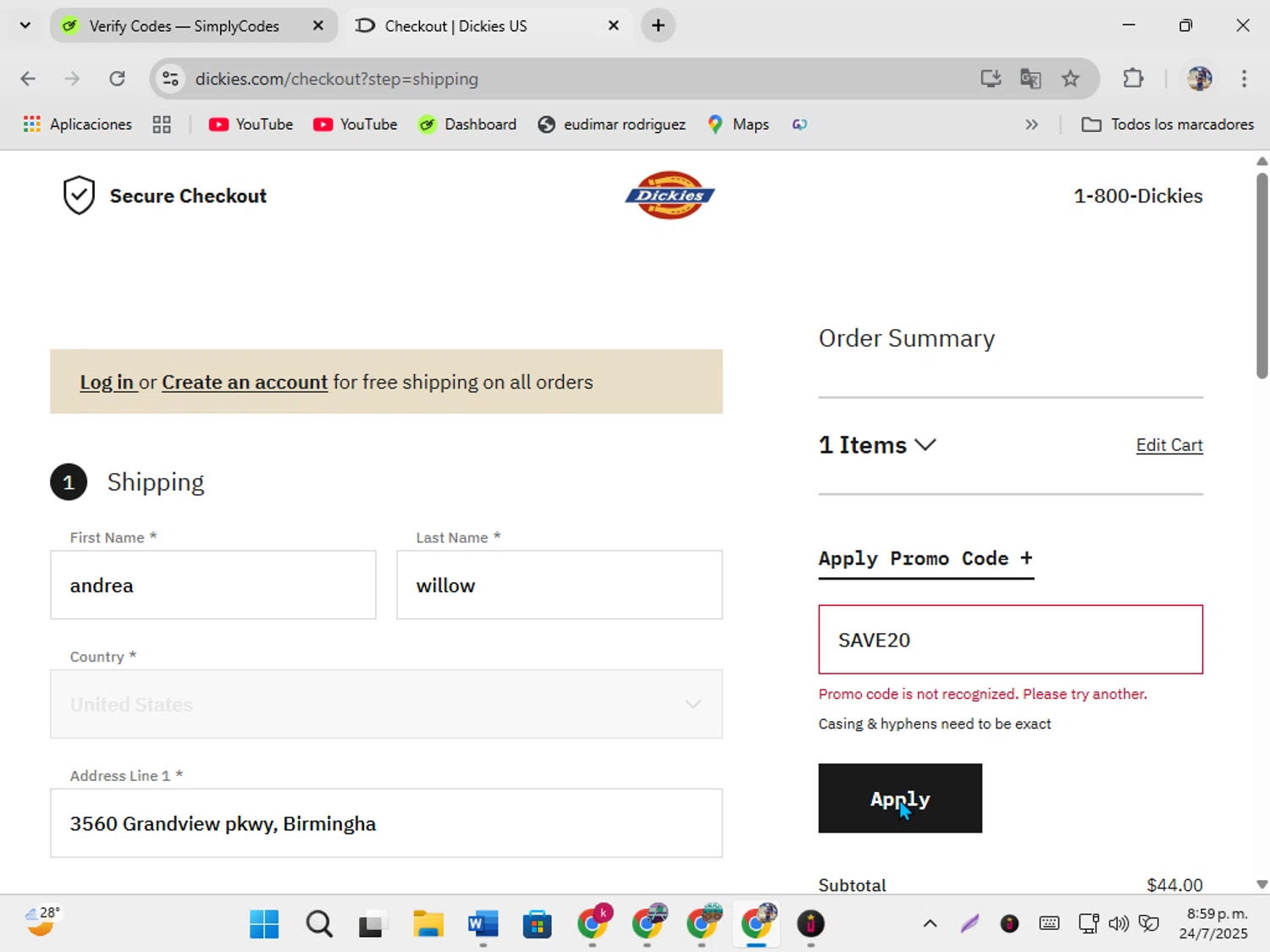 Dickies promo code screenshot showing code SAVE20 applied at Dickies checkout page. Uploaded by SimplyCodes community member ShrewdSeeker5445 on Jul 25, 2025