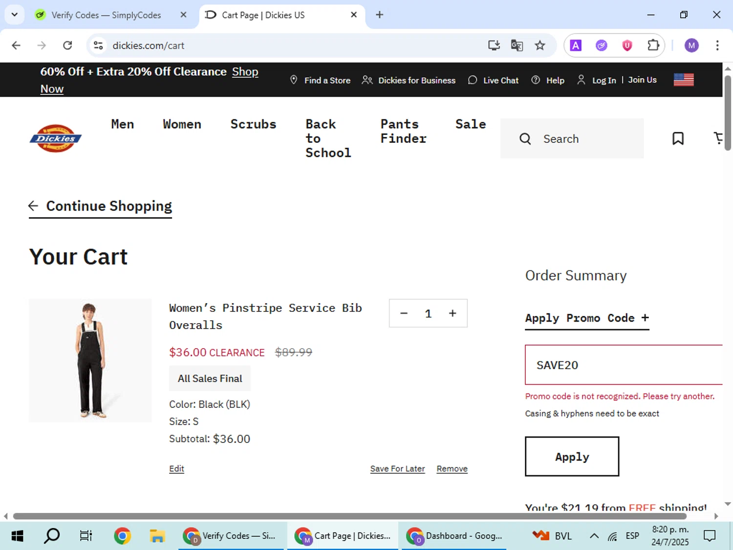 Dickies promo code screenshot showing code SAVE20 applied at Dickies checkout page. Uploaded by SimplyCodes community member VoucherScout6115 on Jul 25, 2025