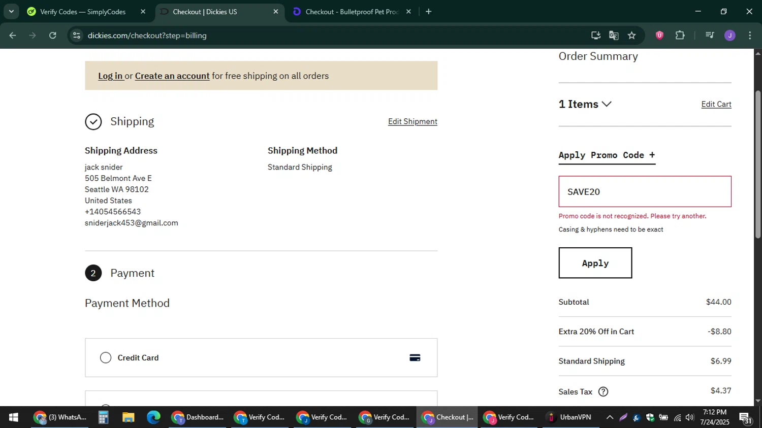 Dickies promo code screenshot showing code SAVE20 applied at Dickies checkout page. Uploaded by SimplyCodes community member sniderjack453 on Jul 24, 2025