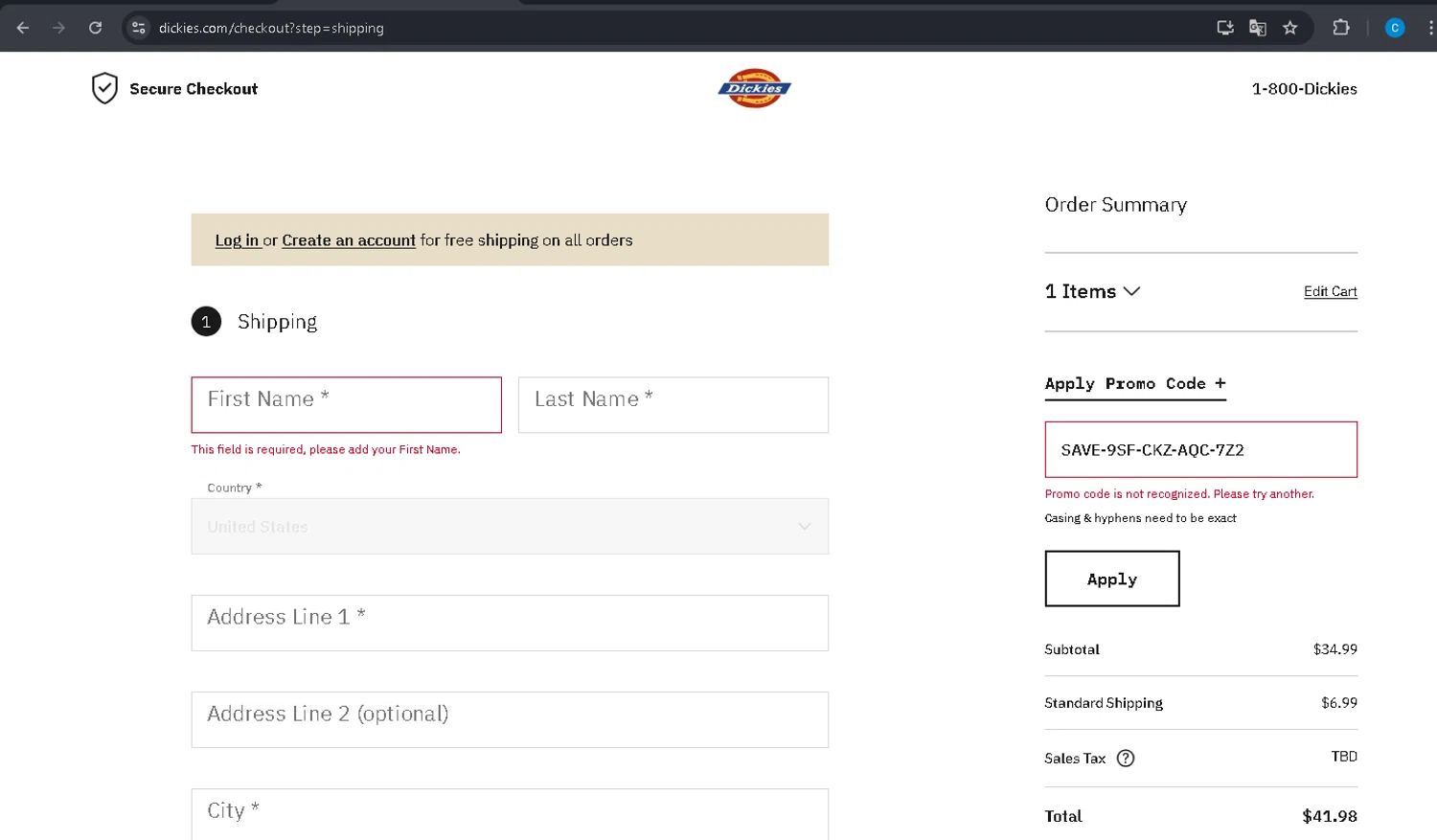 Dickies promo code screenshot showing code SAVE-9SF-CKZ-AQC-7Z2 applied at Dickies checkout page. Uploaded by SimplyCodes community member PromoBoss9319 on Jul 17, 2025