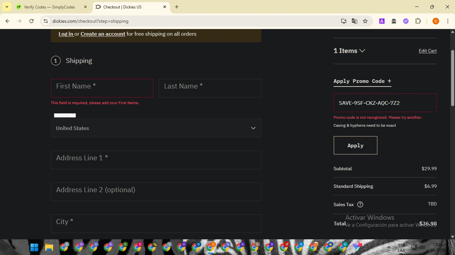 Dickies promo code screenshot showing code SAVE-9SF-CKZ-AQC-7Z2 applied at Dickies checkout page. Uploaded by SimplyCodes community member SavingsMaverick3203 on Jul 16, 2025
