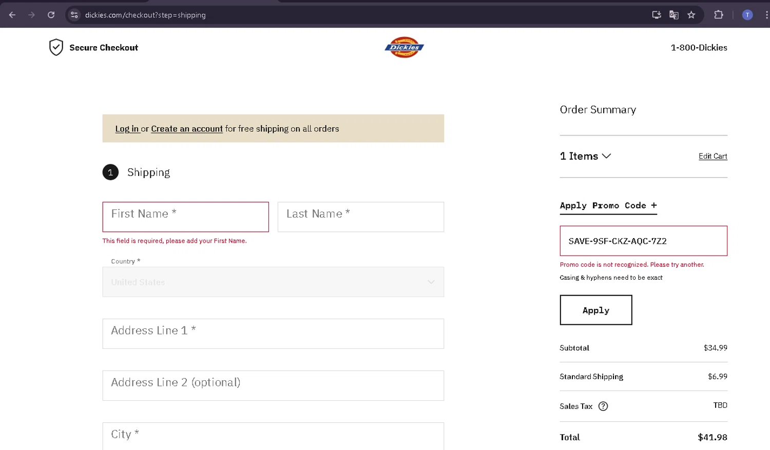 Dickies promo code screenshot showing code SAVE-9SF-CKZ-AQC-7Z2 applied at Dickies checkout page. Uploaded by SimplyCodes community member TRIBUENO on Jul 16, 2025