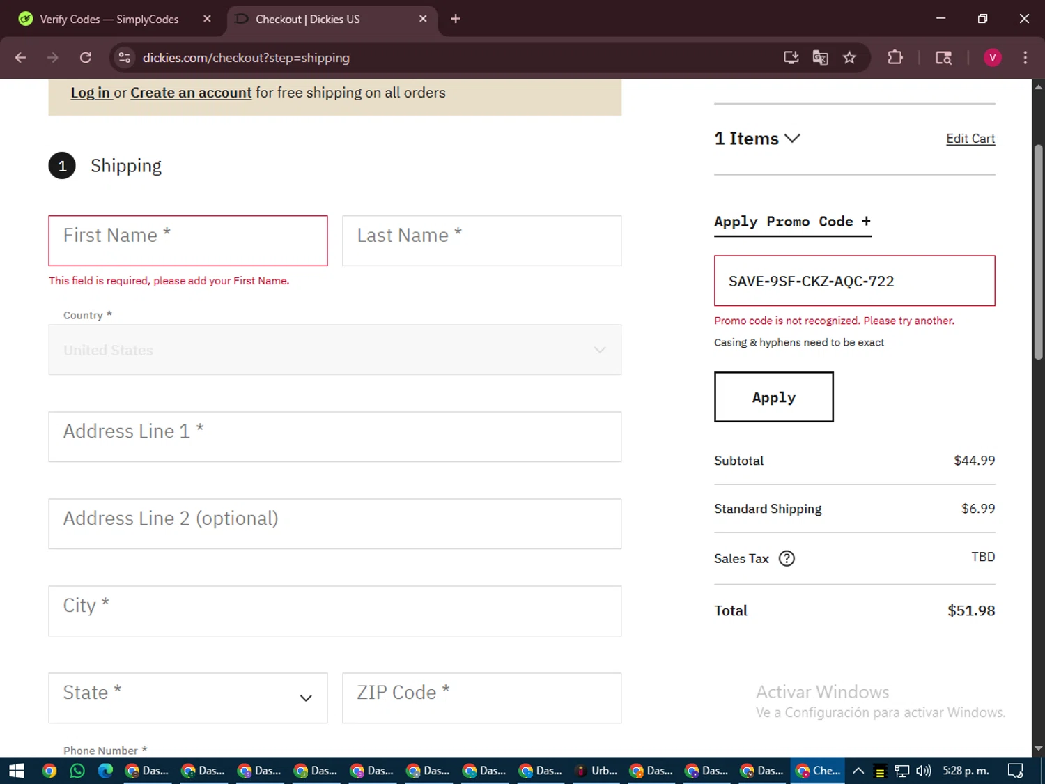 Dickies promo code screenshot showing code SAVE-9SF-CKZ-AQC-722 applied at Dickies checkout page. Uploaded by SimplyCodes community member ShieldEagle6102 on Jul 12, 2025