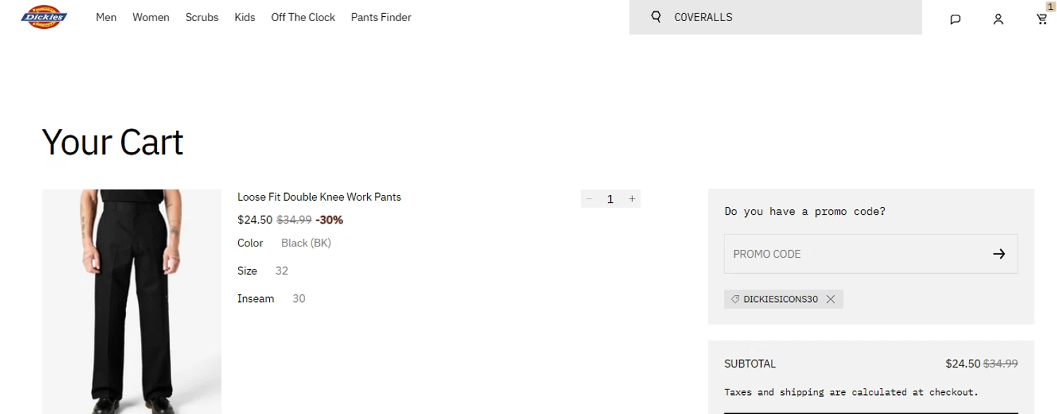 Dickies promo code screenshot showing code DICKIESICONS30 applied at Dickies checkout page. Uploaded by SimplyCodes community member SilverMakeup on Feb 26, 2026
