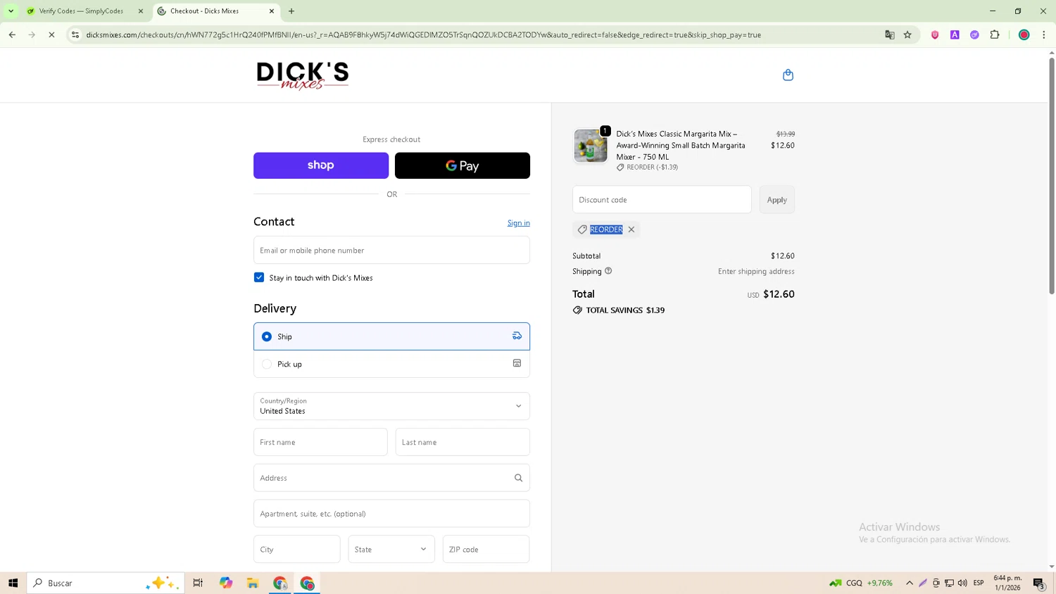 Dick's Mixes promo code screenshot showing code REORDER applied at Dick's Mixes checkout page. Uploaded by SimplyCodes community member GoldRanger7074 on Jan 1, 2026