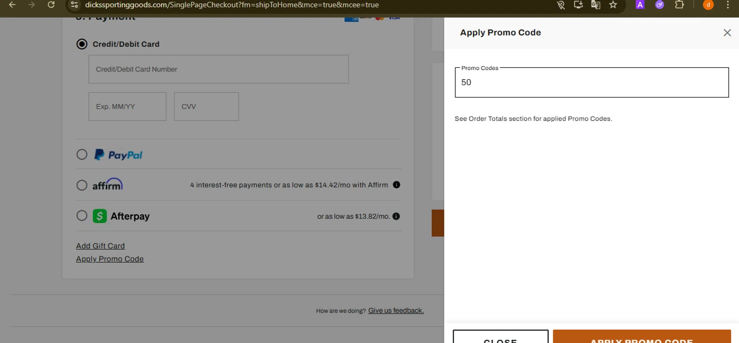 Dick's Sporting Goods promo code screenshot showing code 50 applied at Dick's Sporting Goods checkout page. Uploaded by SimplyCodes community member PennyAdmiral6960 on Aug 16, 2025