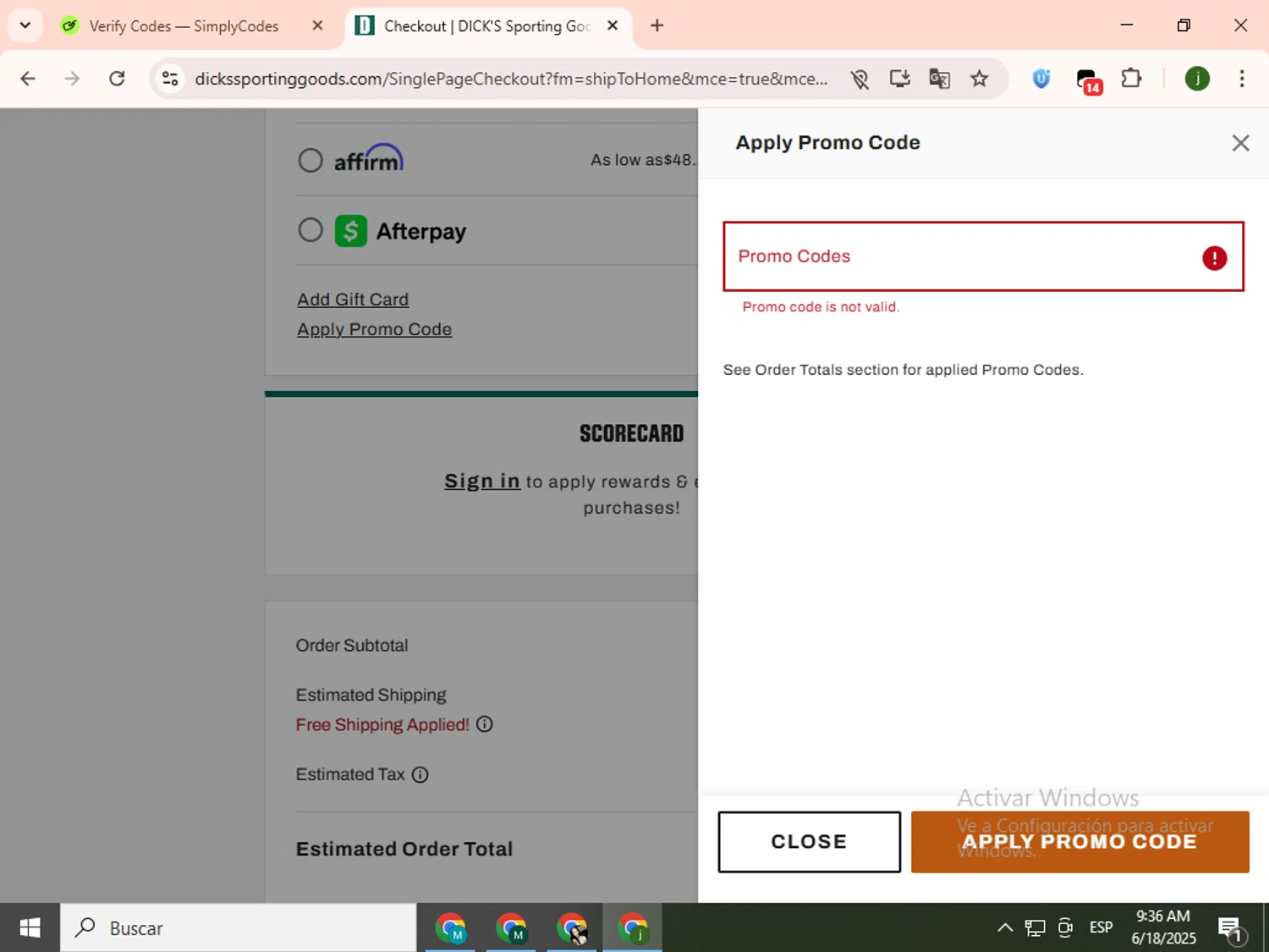 Dick's Sporting Goods promo code screenshot showing code TMSPORTSDEC1209FTBL applied at Dick's Sporting Goods checkout page. Uploaded by SimplyCodes community member SavingsCollector2592 on Jun 18, 2025