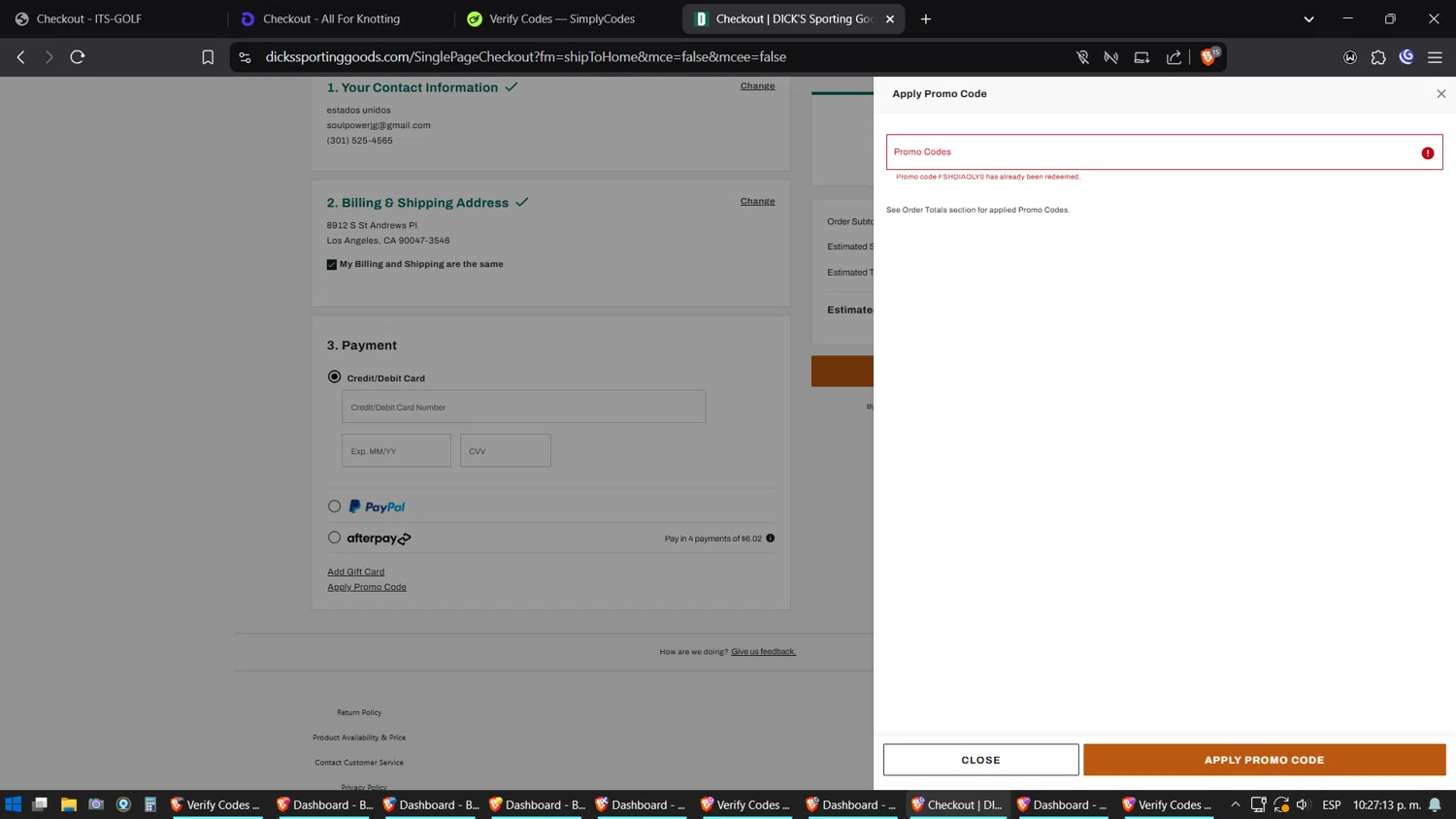 Dick's Sporting Goods promo code screenshot showing code FSHDIAOLY0 applied at Dick's Sporting Goods checkout page. Uploaded by SimplyCodes community member Amidamaru on Mar 6, 2025