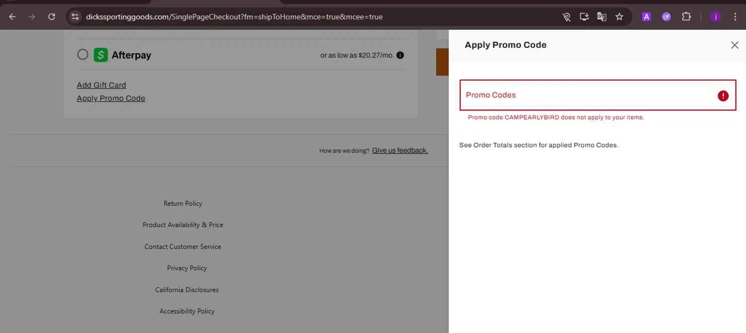Dick's Sporting Goods promo code screenshot showing code CAMPEARLYBIRD applied at Dick's Sporting Goods checkout page. Uploaded by SimplyCodes community member CoinMaverick1452 on Aug 17, 2025