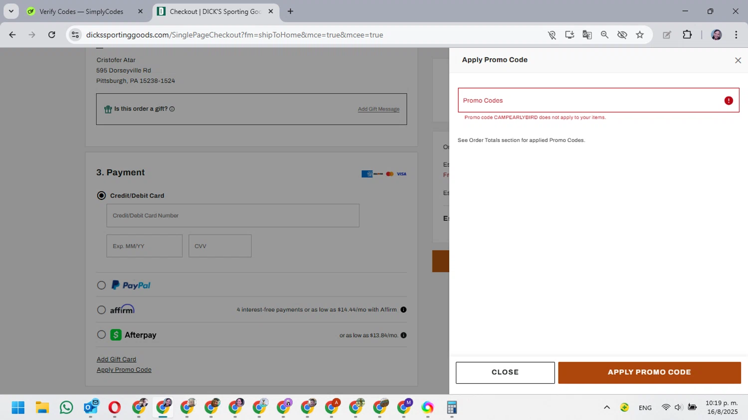Dick's Sporting Goods promo code screenshot showing code CAMPEARLYBIRD applied at Dick's Sporting Goods checkout page. Uploaded by SimplyCodes community member MarielisPb on Aug 17, 2025
