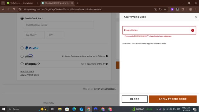 Dick's Sporting Goods checkout page showing Dick's Sporting Goods promo code box | Screenshot taken by SimplyCodes community member on Feb 4, 2025