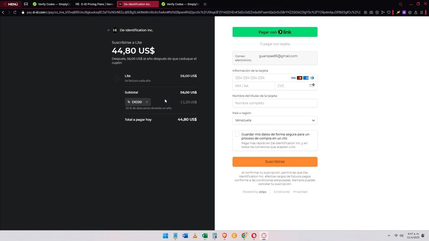 D-ID promo code screenshot showing code did20 applied at D-ID checkout page. Uploaded by SimplyCodes community member Elimix on Apr 11, 2025