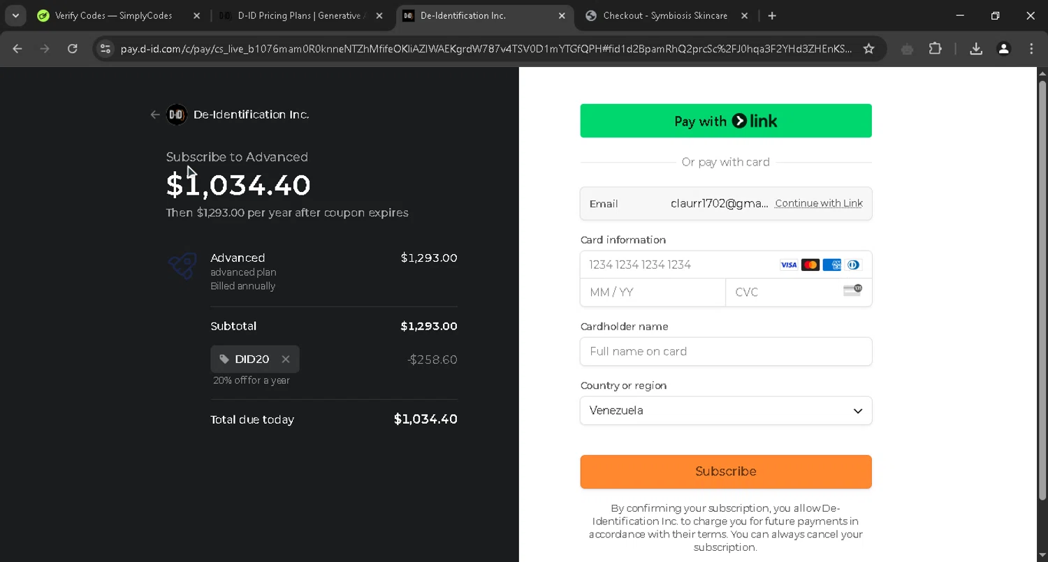 D-ID promo code screenshot showing code did20 applied at D-ID checkout page. Uploaded by SimplyCodes community member RewardPro9011 on Mar 13, 2025