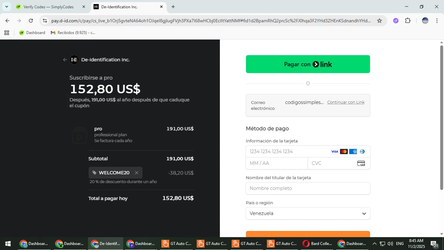 D-ID promo code screenshot showing code WELCOME20 applied at D-ID checkout page. Uploaded by SimplyCodes community member TrevorPhilips on Nov 2, 2025
