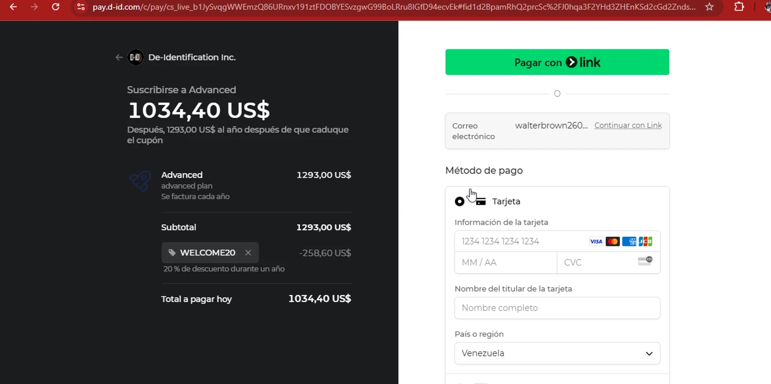 D-ID promo code screenshot showing code WELCOME20 applied at D-ID checkout page. Uploaded by SimplyCodes community member kimberlinmartinez on Aug 9, 2025