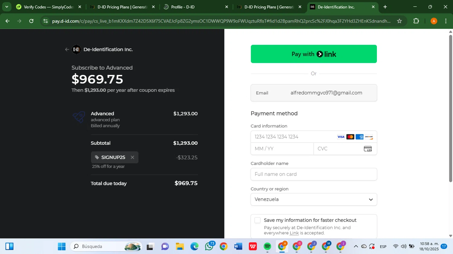 D-ID promo code screenshot showing code SIGNUP25 applied at D-ID checkout page. Uploaded by SimplyCodes community member AlfredoBonifacio on Oct 18, 2025