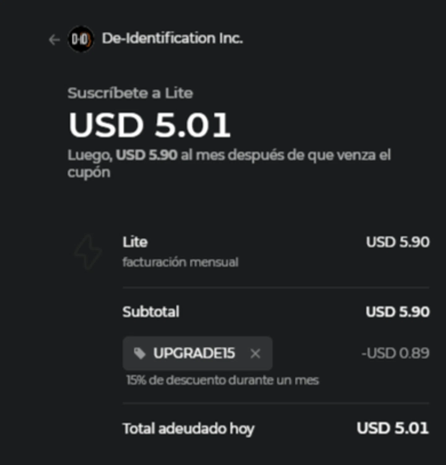 D-ID promo code screenshot showing code UPGRADE15 applied at D-ID checkout page. Uploaded by SimplyCodes community member ESTHER3121 on Dec 28, 2025
