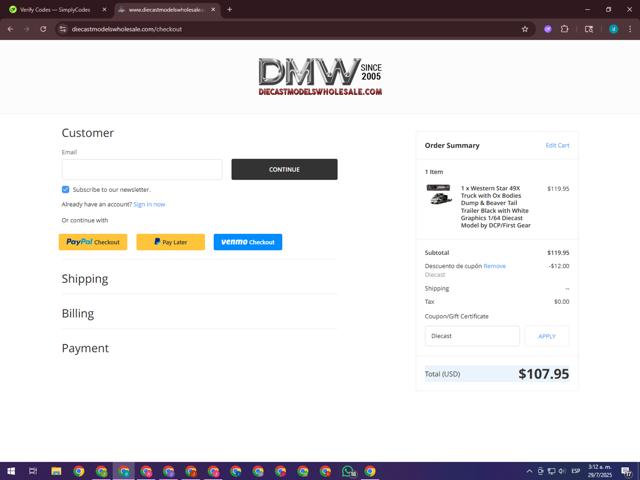Diecast Models Wholesale checkout page showing Diecast Models Wholesale coupon code box | Screenshot taken by SimplyCodes community member on Jul 29, 2025