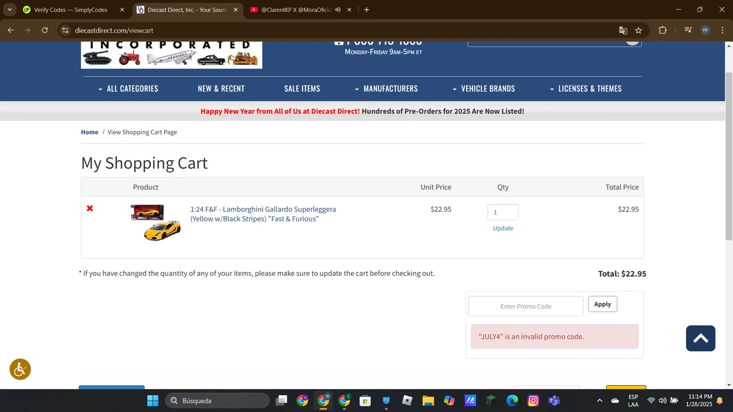 Diecast Direct promo code screenshot showing code JULY4 applied at Diecast Direct checkout page. Uploaded by SimplyCodes community member DTBERA2024 on Jan 29, 2025