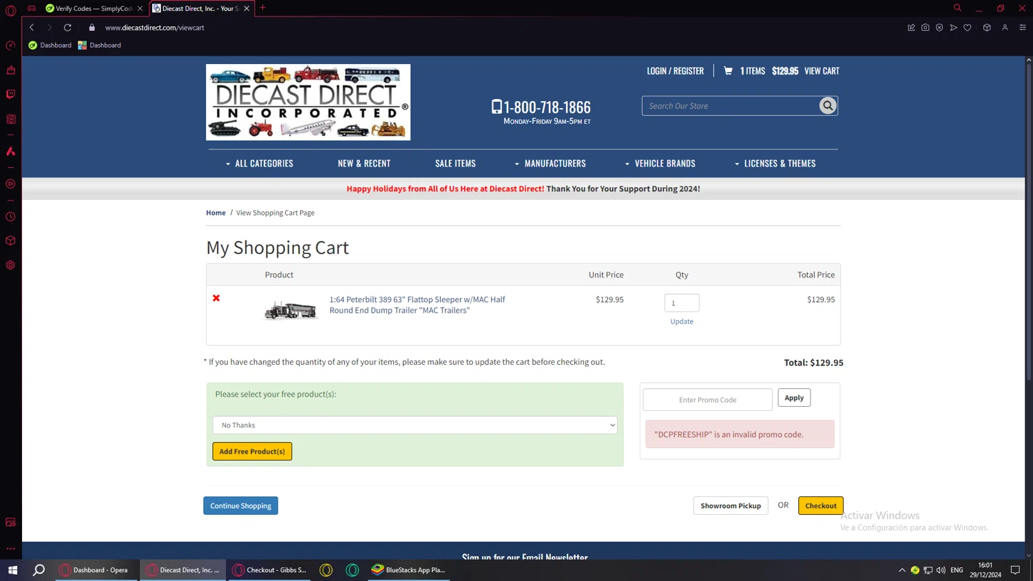 Diecast Direct promo code screenshot showing code DCPFREESHIP applied at Diecast Direct checkout page. Uploaded by SimplyCodes community member MoneyMonarch9272 on Dec 29, 2024