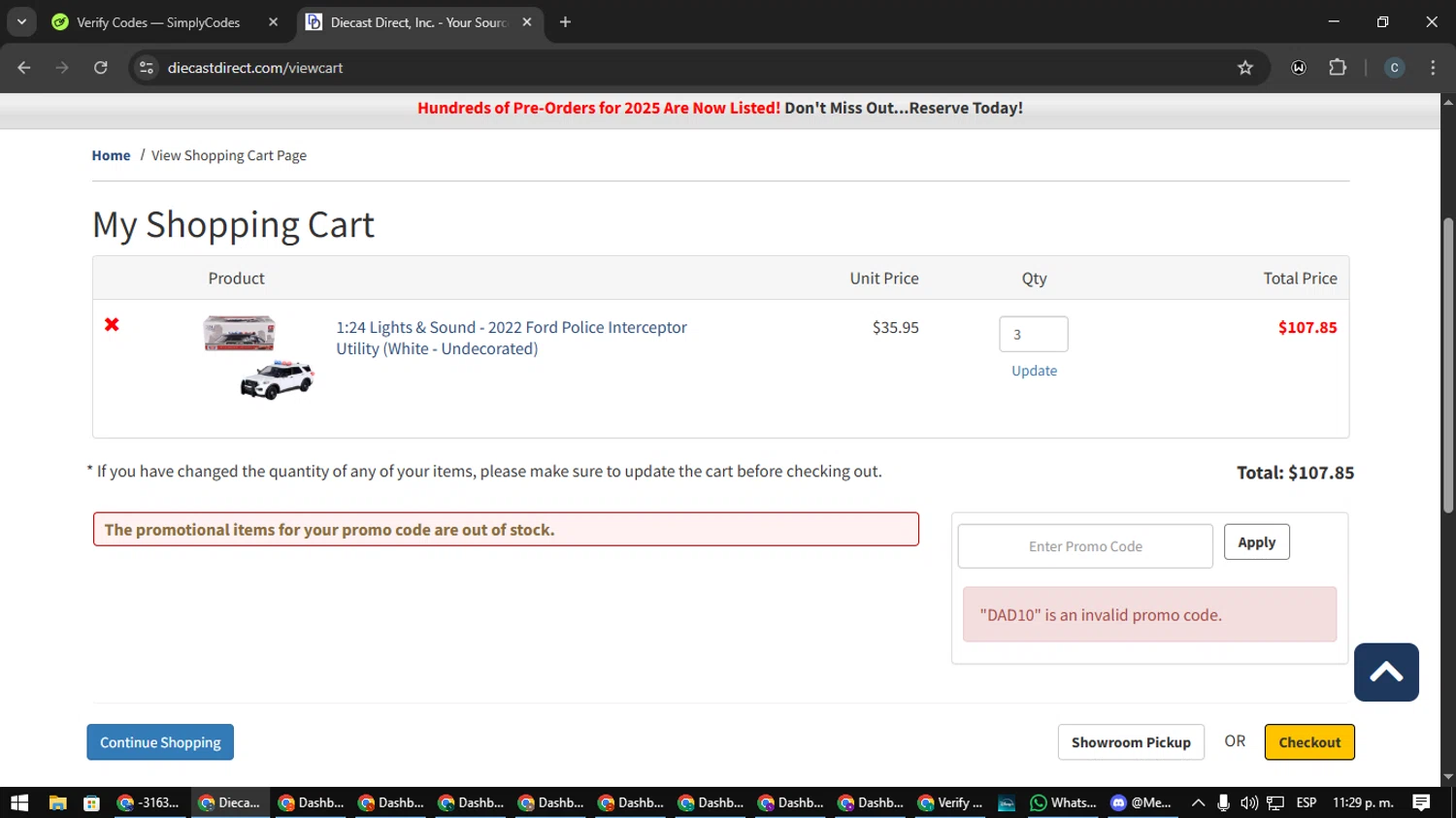 Diecast Direct promo code screenshot showing code DAD10 applied at Diecast Direct checkout page. Uploaded by SimplyCodes community member Nata_Montana on Mar 15, 2025