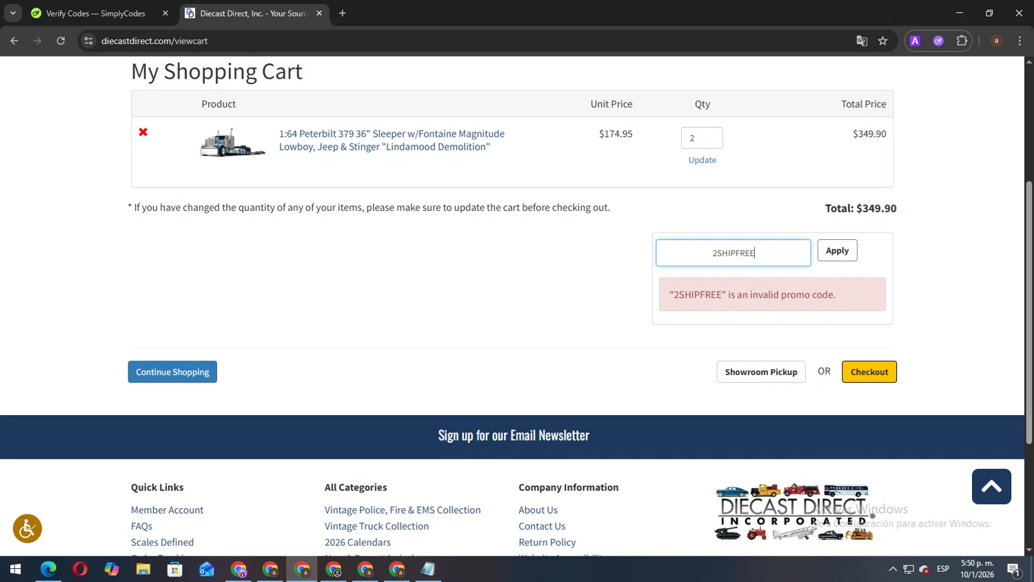 Diecast Direct promo code screenshot showing code 2SHIPFREE applied at Diecast Direct checkout page. Uploaded by SimplyCodes community member BukayoSaka on Jan 10, 2026