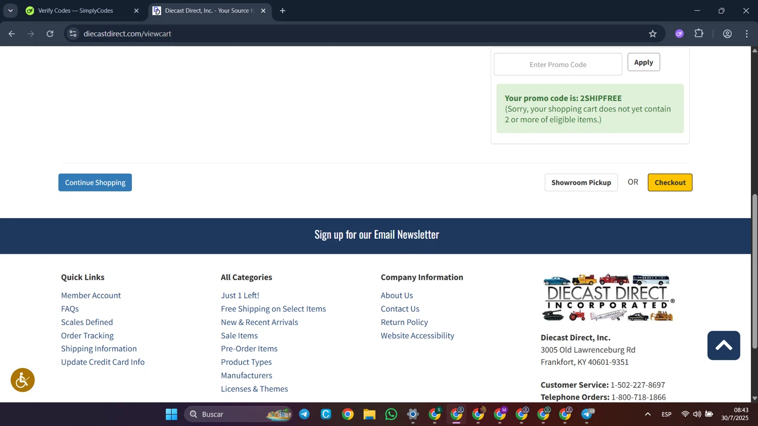 Diecast Direct checkout page showing Diecast Direct promo code box | Screenshot taken by SimplyCodes community member on Jul 30, 2025