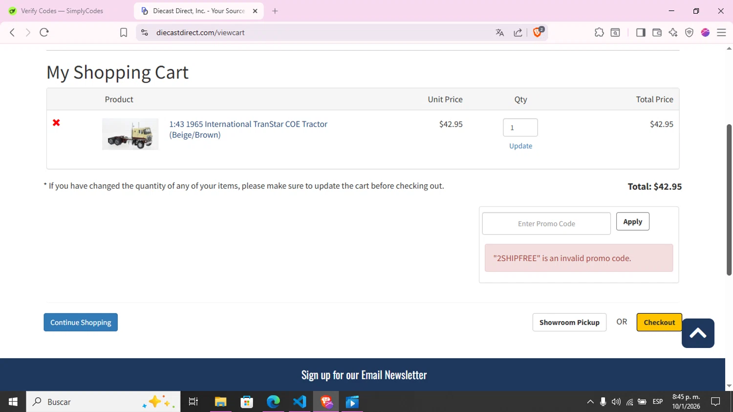Diecast Direct promo code screenshot showing code 2SHIPFREE applied at Diecast Direct checkout page. Uploaded by SimplyCodes community member KimChrista_ on Jan 11, 2026