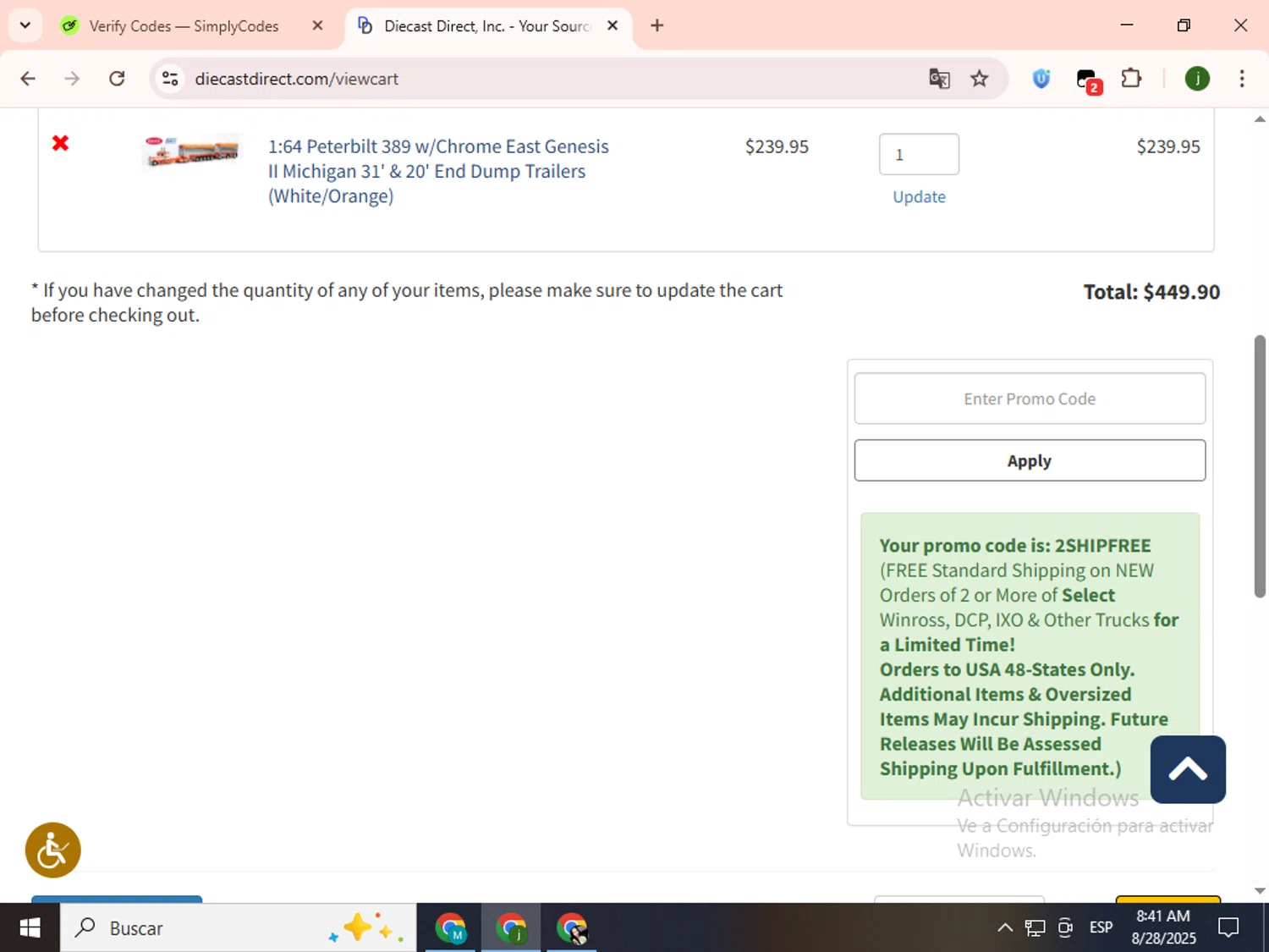 Diecast Direct checkout page showing Diecast Direct promo code box | Screenshot taken by SimplyCodes community member on Aug 28, 2025