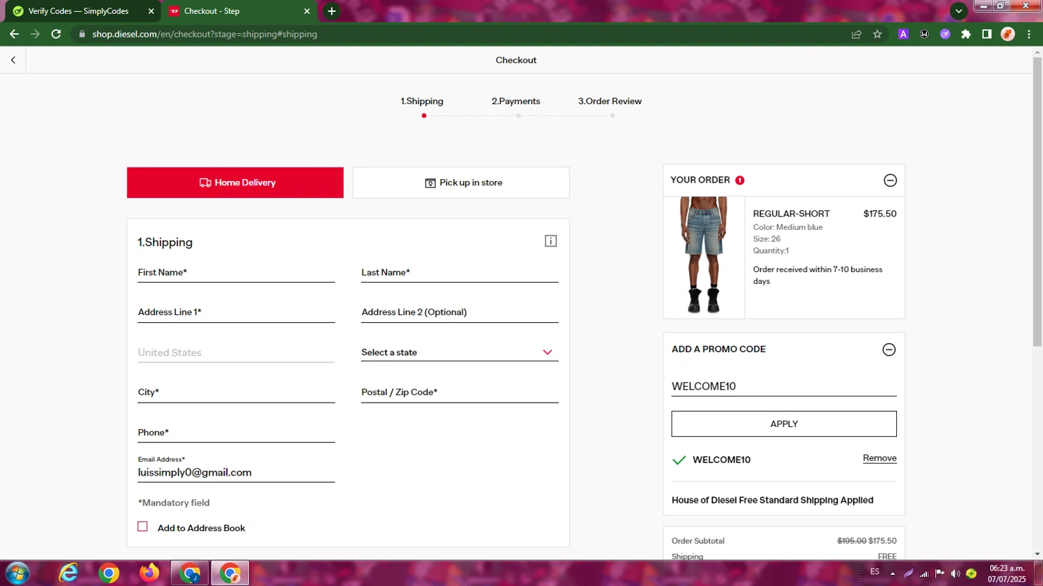 Diesel promo code screenshot showing code WELCOME10 applied at Diesel checkout page. Uploaded by SimplyCodes community member LegendaryBoss7060 on Jul 7, 2025
