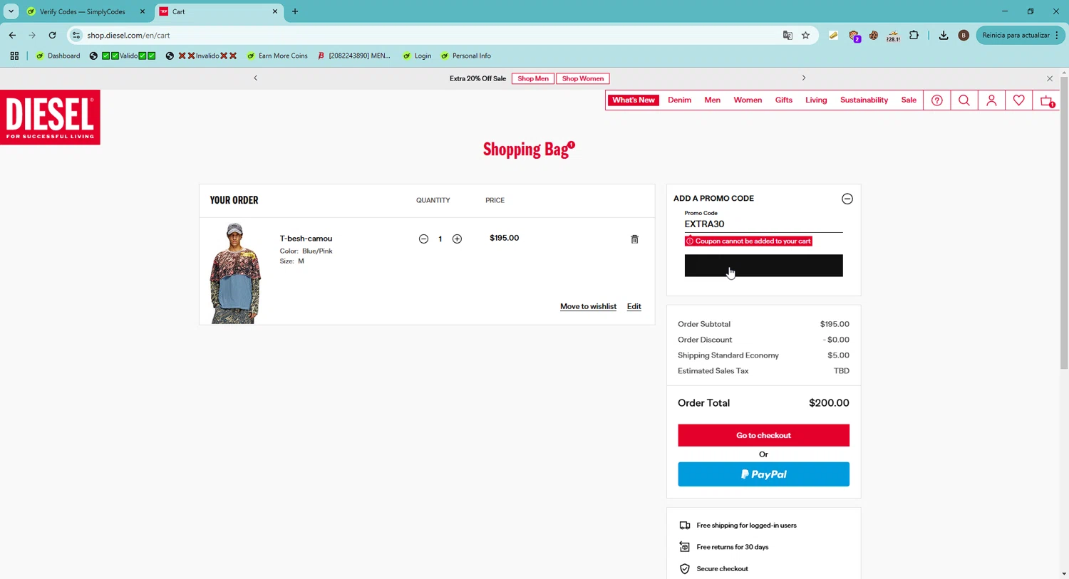 Diesel promo code screenshot showing code EXTRA30 applied at Diesel checkout page. Uploaded by SimplyCodes community member FrugalShopper1585 on Feb 25, 2025