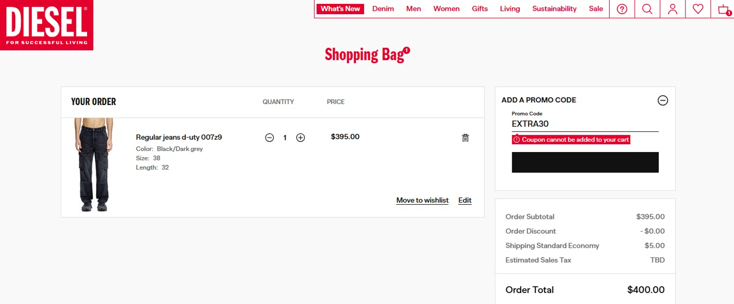 Diesel promo code screenshot showing code EXTRA30 applied at Diesel checkout page. Uploaded by SimplyCodes community member carlosbracho414_39a4 on Feb 25, 2025