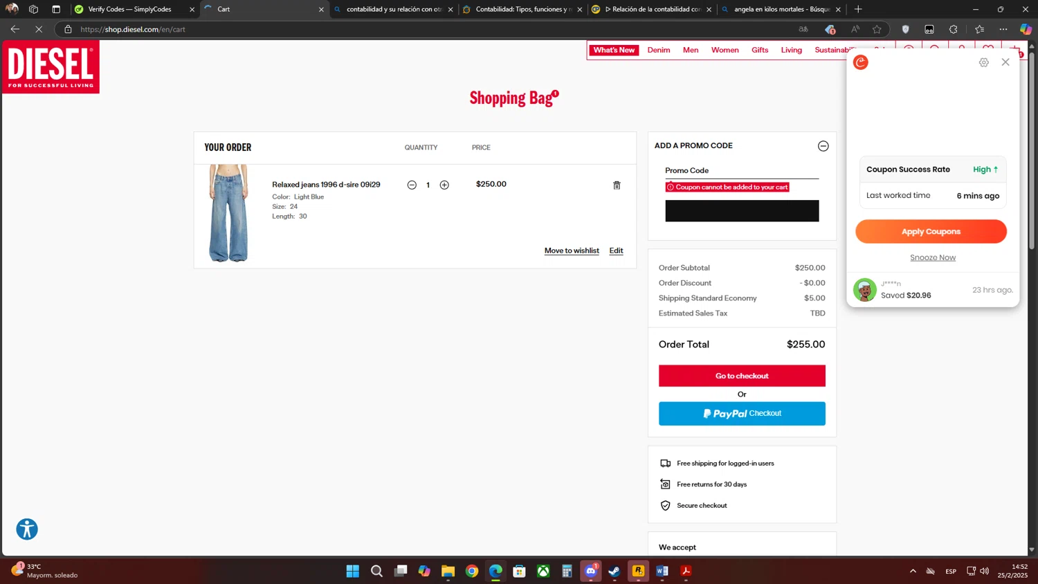 Diesel promo code screenshot showing code EXTRA30 applied at Diesel checkout page. Uploaded by SimplyCodes community member Flores on Feb 25, 2025