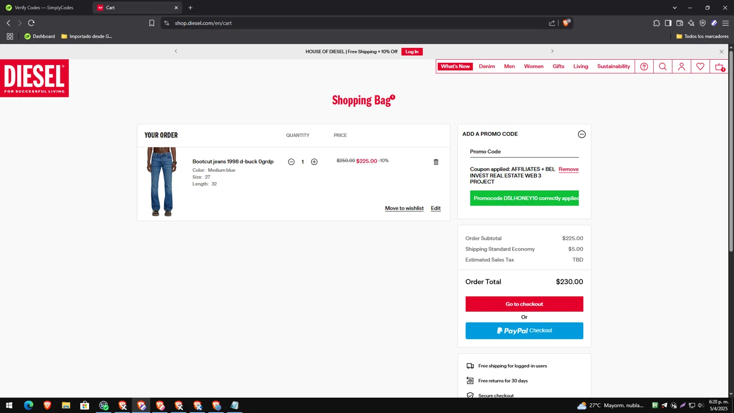 Diesel promo code screenshot showing code DSLHONEY10 applied at Diesel checkout page. Uploaded by SimplyCodes community member yesenia on Apr 5, 2025
