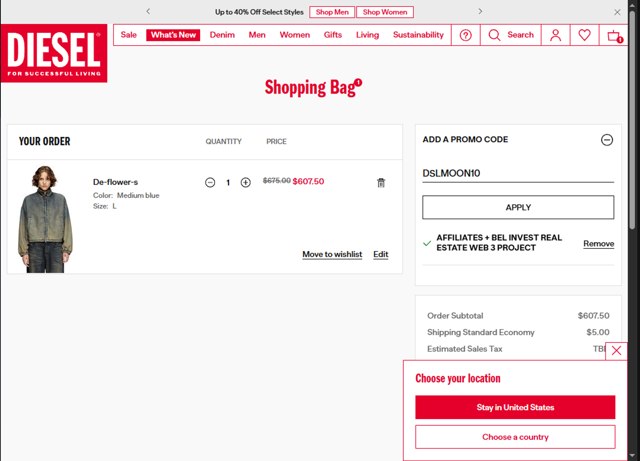 Diesel checkout page showing Diesel promo code box | Screenshot taken by SimplyCodes community member on Jun 6, 2025