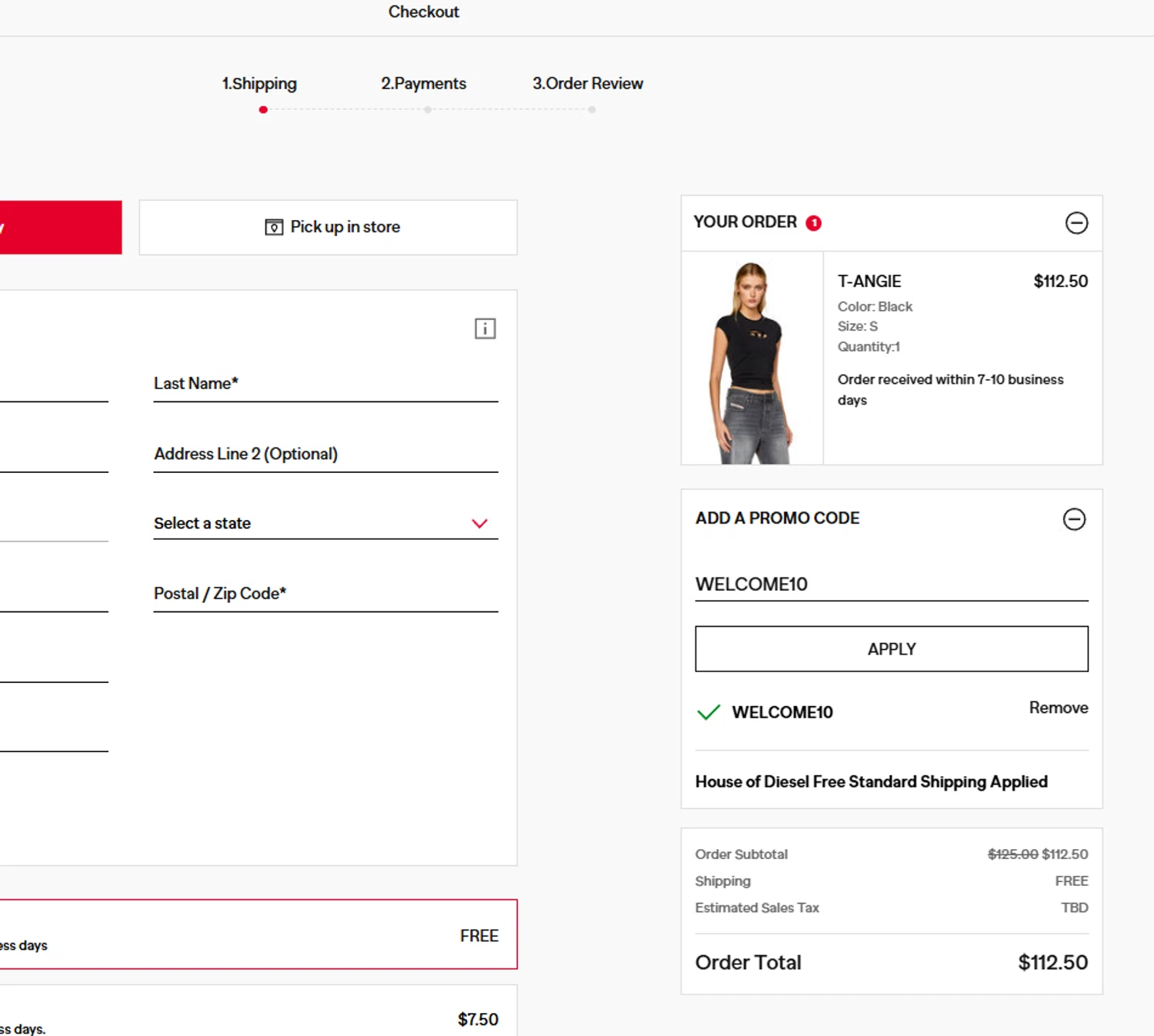 Diesel promo code screenshot showing code WELCOME10 applied at Diesel checkout page. Uploaded by SimplyCodes community member ______ on Jul 7, 2025
