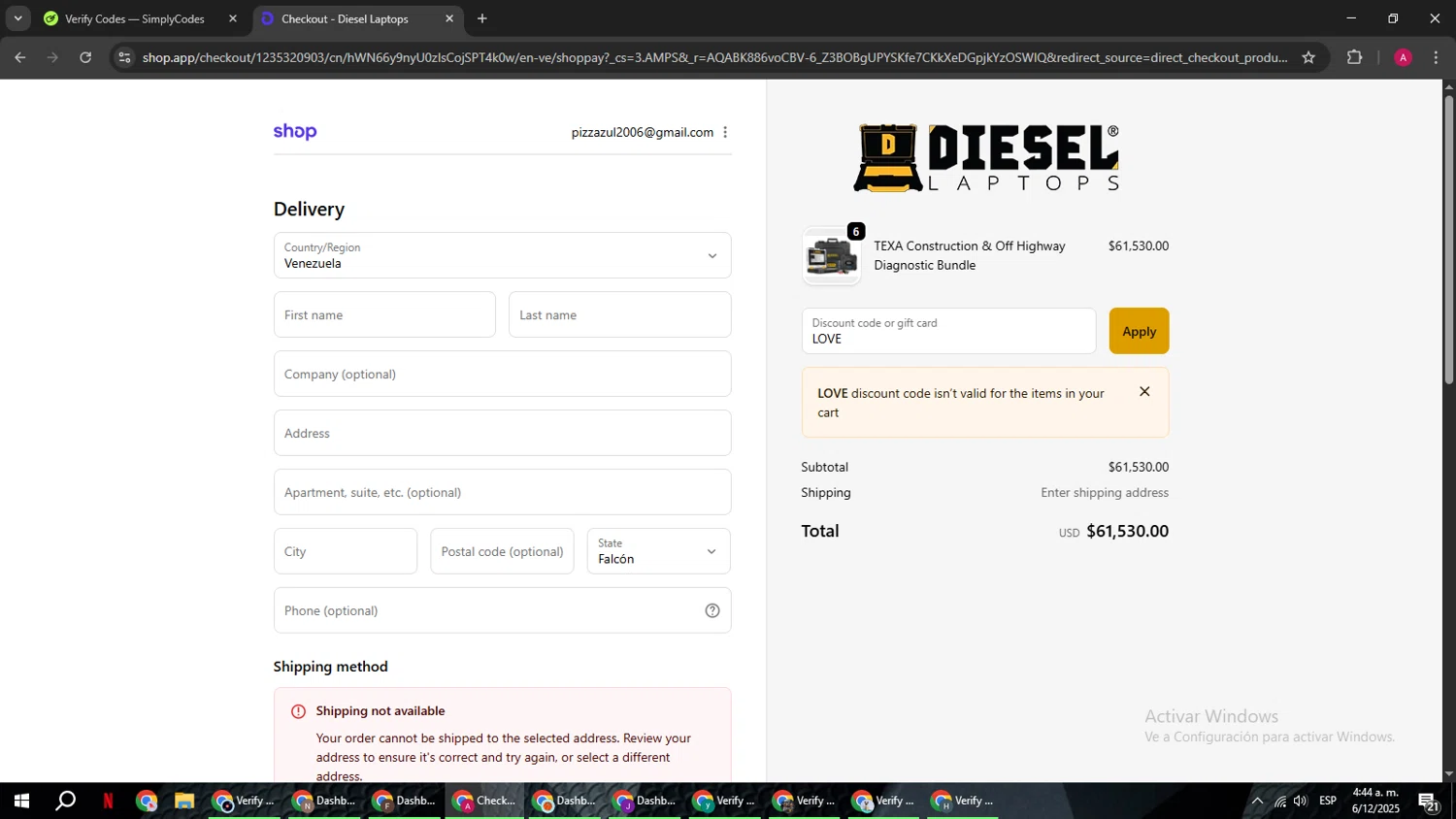 Diesel Laptops discount code screenshot showing code LOVE applied at Diesel Laptops checkout page. Uploaded by SimplyCodes community member BMWGS1200 on Dec 6, 2025