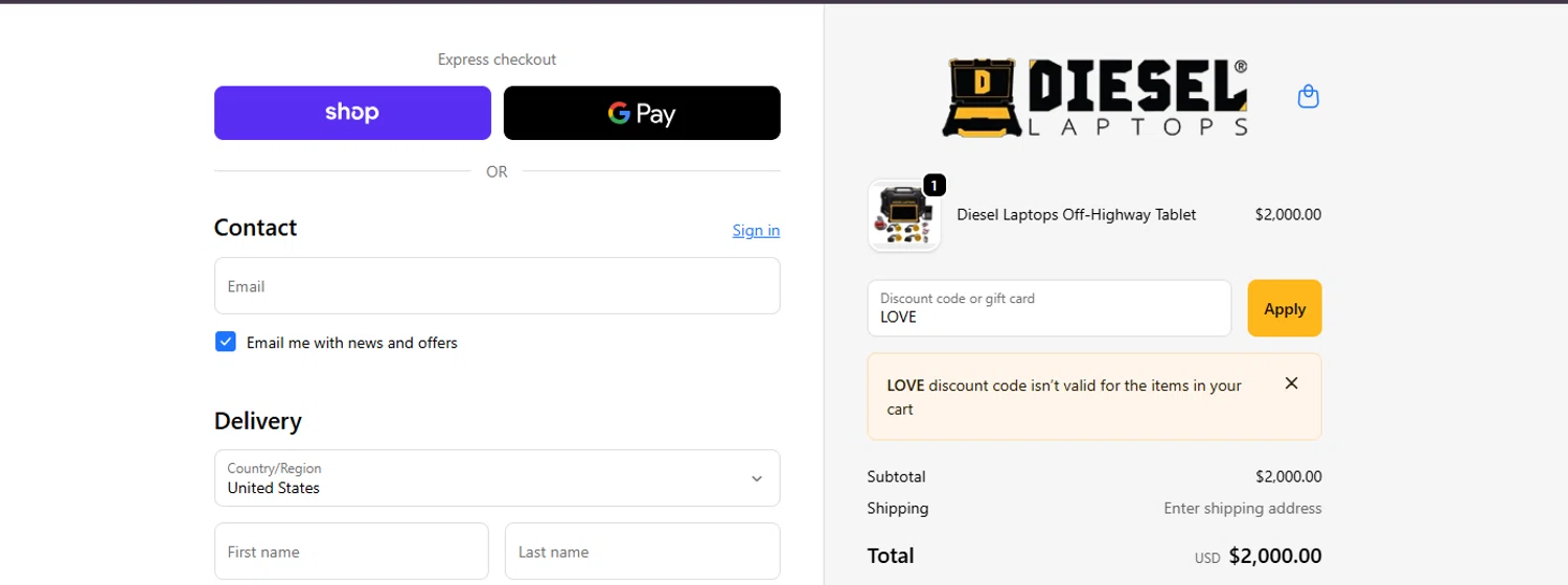 Diesel Laptops discount code screenshot showing code LOVE applied at Diesel Laptops checkout page. Uploaded by SimplyCodes community member CouponRanger9482 on Nov 10, 2025
