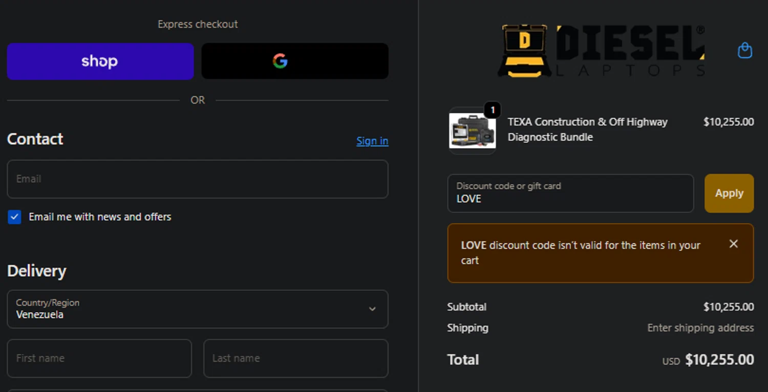 Diesel Laptops discount code screenshot showing code LOVE applied at Diesel Laptops checkout page. Uploaded by SimplyCodes community member idkxxx on Nov 4, 2025