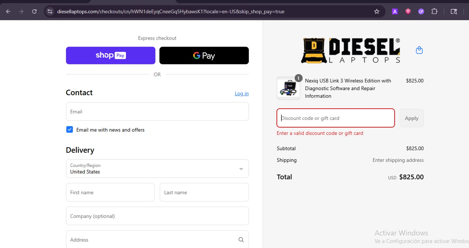 Diesel Laptops discount code screenshot showing code ONTHEROAD applied at Diesel Laptops checkout page. Uploaded by SimplyCodes community member ValiantRanger5812 on Aug 10, 2025