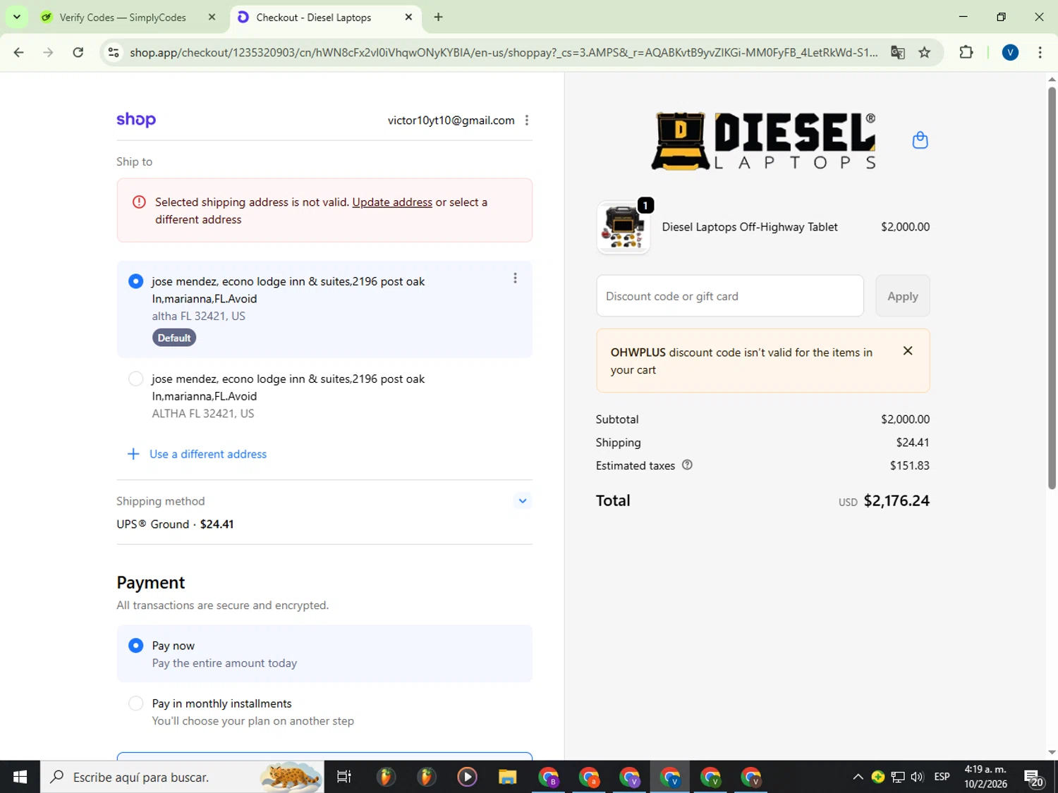 Diesel Laptops checkout page showing Diesel Laptops discount code box | Screenshot taken by SimplyCodes community member on Feb 10, 2026