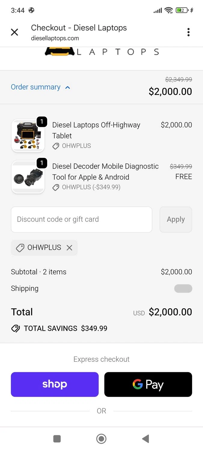 Diesel Laptops discount code screenshot showing code OHWPLUS applied at Diesel Laptops checkout page. Uploaded by SimplyCodes community member dial93mr_6961 on Sep 21, 2025