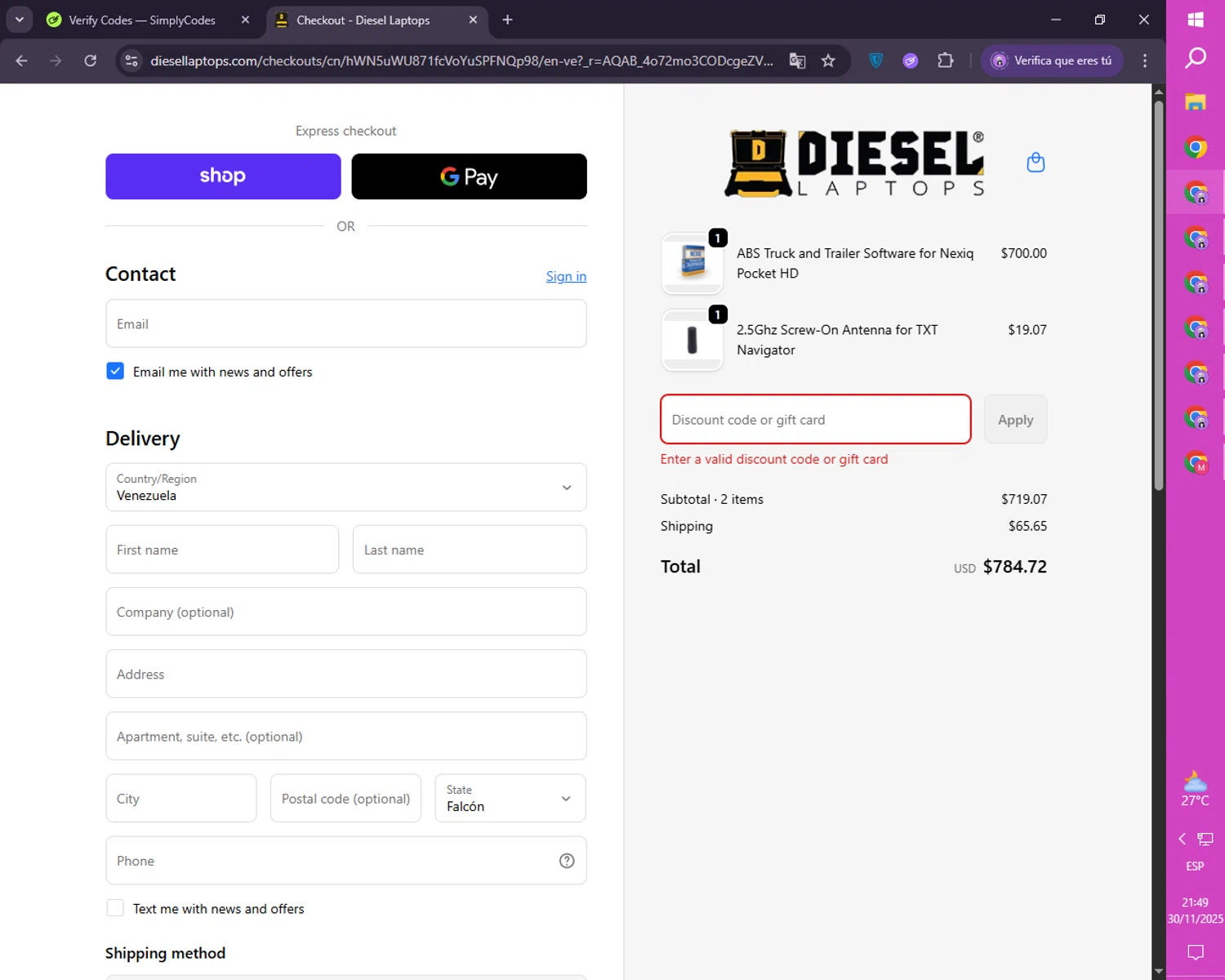 Diesel Laptops discount code screenshot showing code DRBF2025 applied at Diesel Laptops checkout page. Uploaded by SimplyCodes community member CoinRanger7926 on Dec 1, 2025