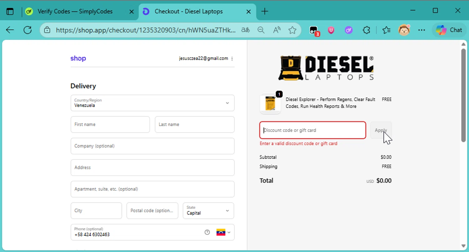 Diesel Laptops discount code screenshot showing code DRBF2025 applied at Diesel Laptops checkout page. Uploaded by SimplyCodes community member DonutPunks on Dec 1, 2025