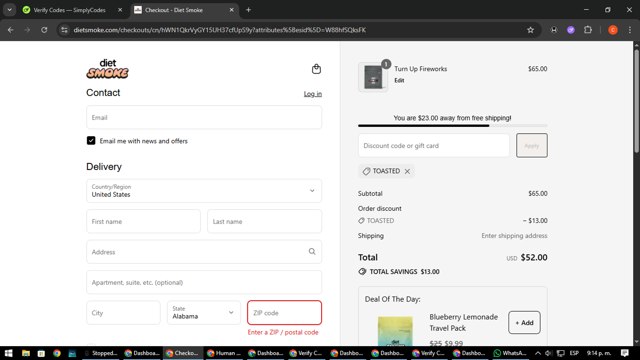 Diet Smoke checkout page showing Diet Smoke coupon code box | Screenshot taken by SimplyCodes community member on Aug 5, 2025