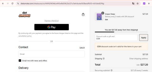 Diet Smoke checkout page showing Diet Smoke coupon code box | Screenshot taken by SimplyCodes community member on Sep 2, 2025