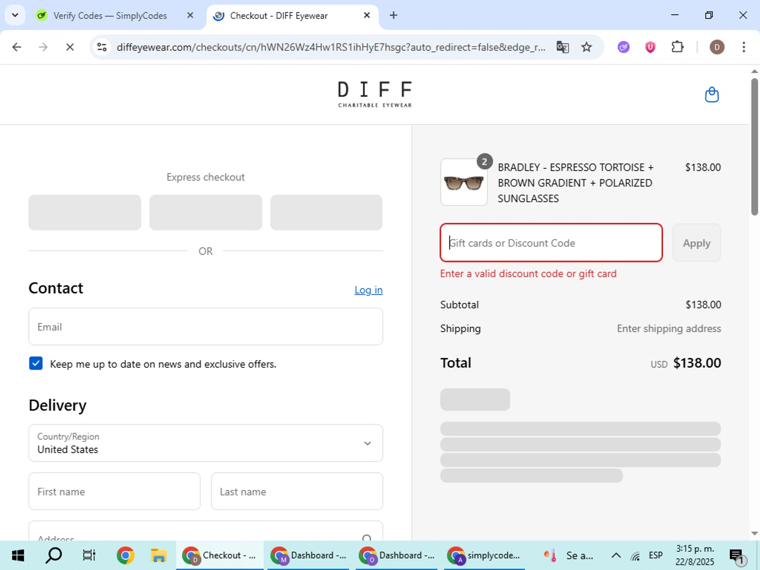 DIFF Eyewear coupon code screenshot showing code EXTRA15 applied at DIFF Eyewear checkout page. Uploaded by SimplyCodes community member BrilliantWizard8884 on Aug 22, 2025