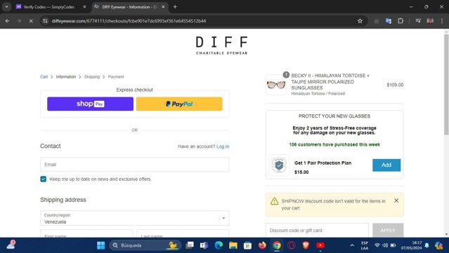 DIFF Eyewear checkout page showing DIFF Eyewear coupon code box | Screenshot taken by SimplyCodes community member on May 7, 2024