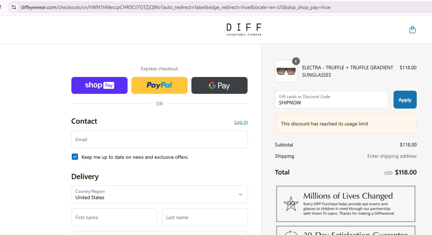 DIFF Eyewear coupon code screenshot showing code SHIPNOW applied at DIFF Eyewear checkout page. Uploaded by SimplyCodes community member Samu10 on Aug 12, 2025