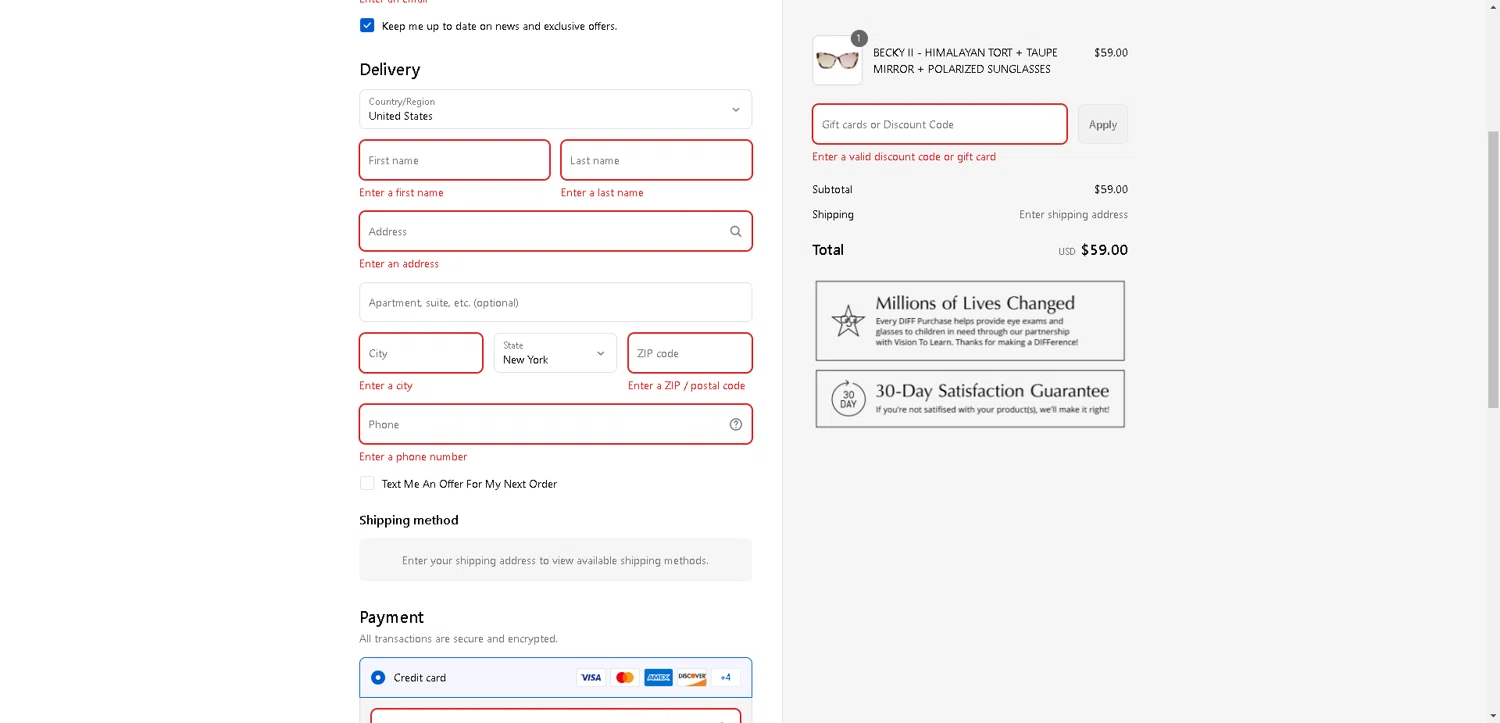 DIFF Eyewear coupon code screenshot showing code SHIPNOW applied at DIFF Eyewear checkout page. Uploaded by SimplyCodes community member VoucherHero1009 on Aug 23, 2025